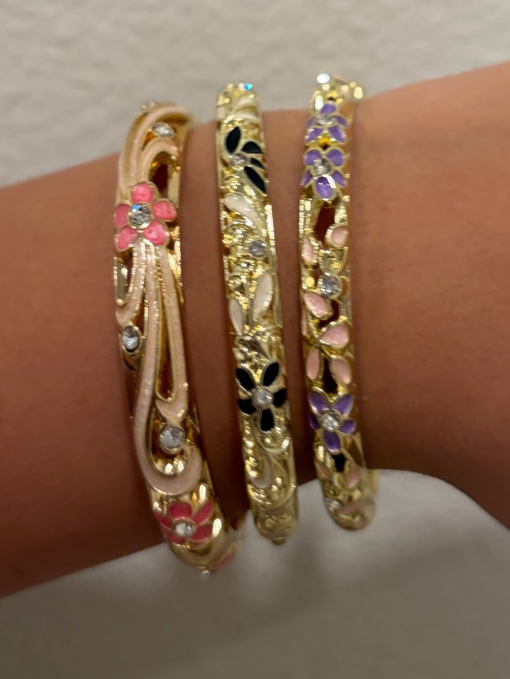 Gold Floral Enamel Bangle Bracelet Set - Pink, Black, Purple